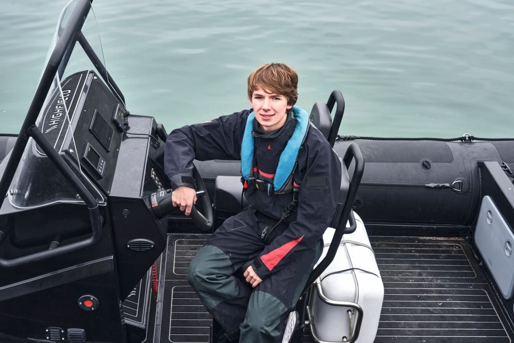 Harry Besle, 17, skipper for the eRib challenge. A world first navigation around Great Britain in an electric Rib. Paua provide EV charge cards