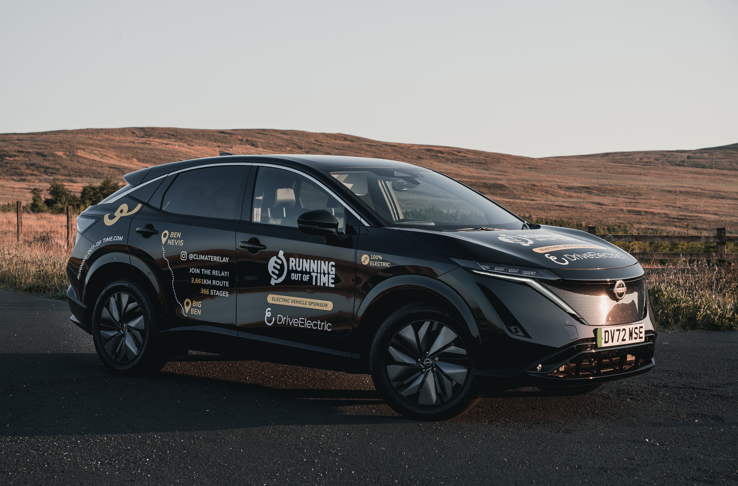 Running ouf ot time rally car. Nissan Ariya from Drive Electric. Paua provide EV charge cards